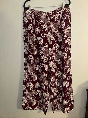 Women's Burgundy and Cream Floral Wide Leg Pants